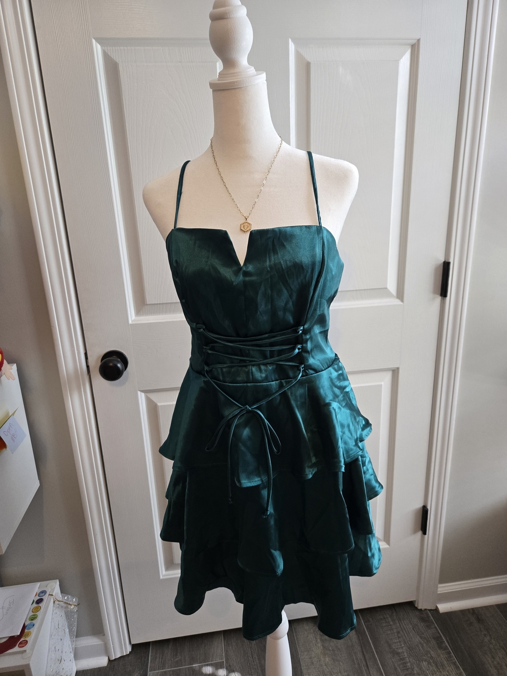 Altard State Emerald Green Satin Tiered Spaghetti-Strap Dress